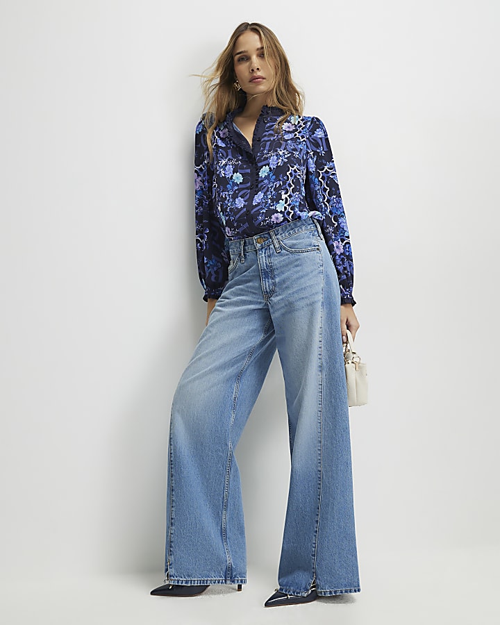 Blue Floral Long Sleeve Ruffle Blouse