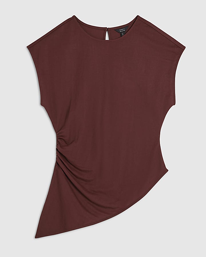 Brown Short Sleeve Asymmetric Hem Top