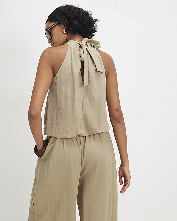 Khaki Sleeveless Bubble Hem Top