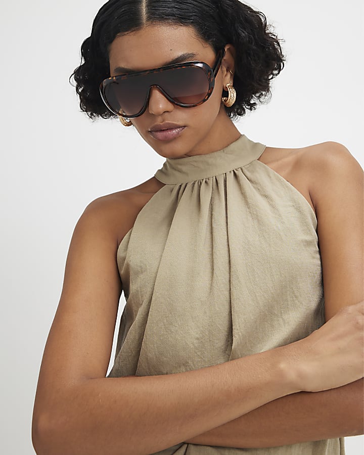 Khaki Sleeveless Bubble Hem Top