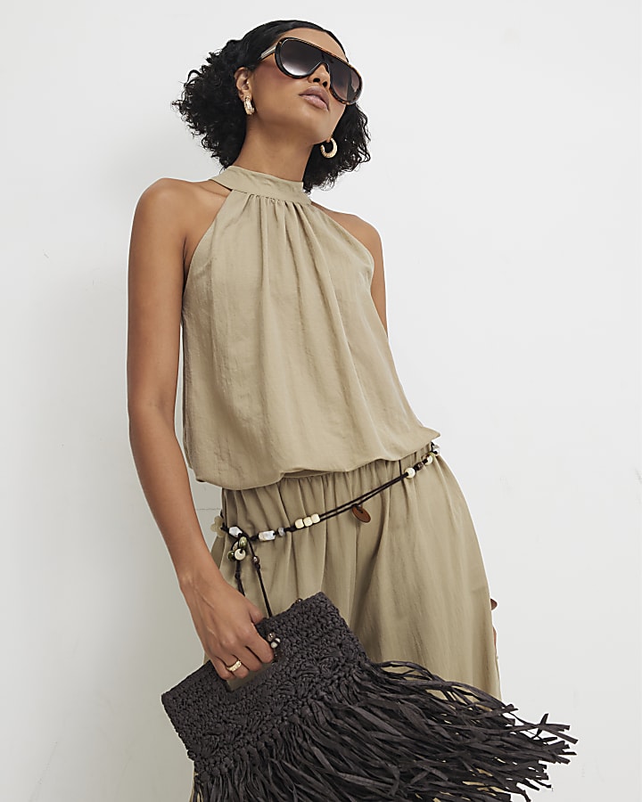 Khaki Sleeveless Bubble Hem Top