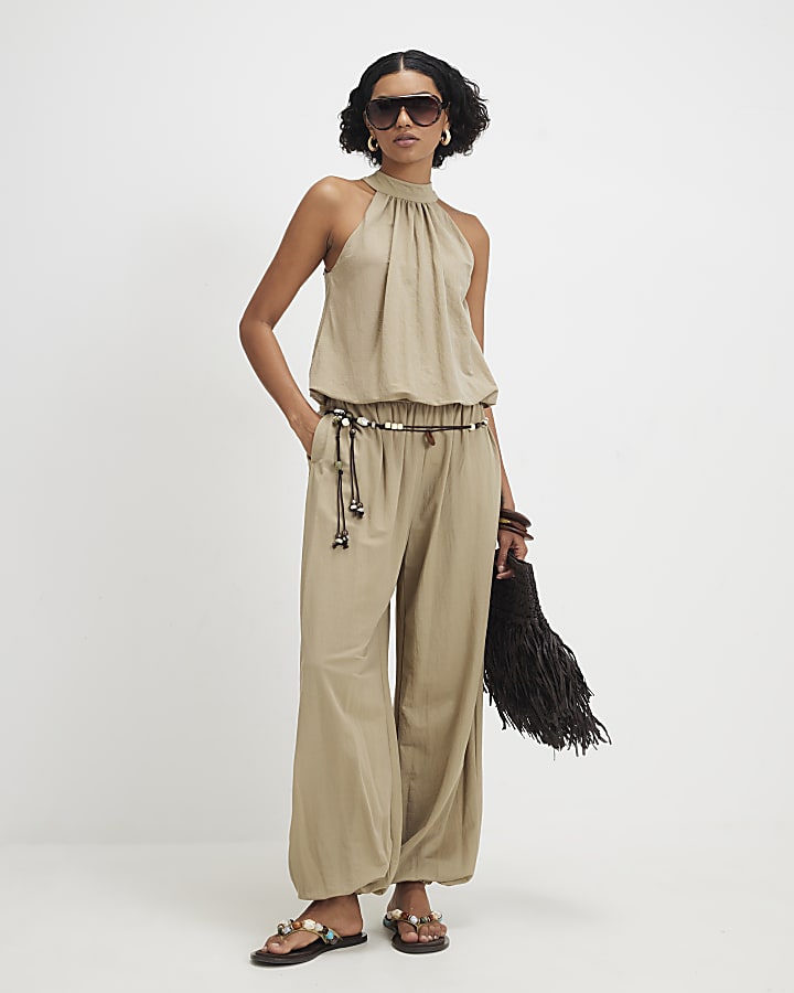 Khaki Sleeveless Bubble Hem Top