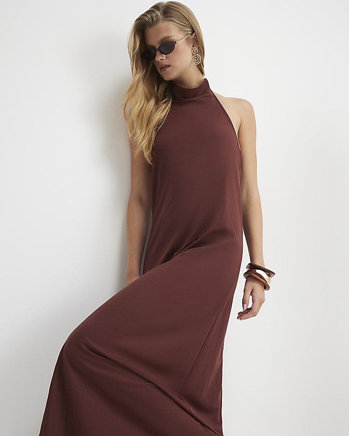 Brown Sleeveless Halter Neck Midi Dress