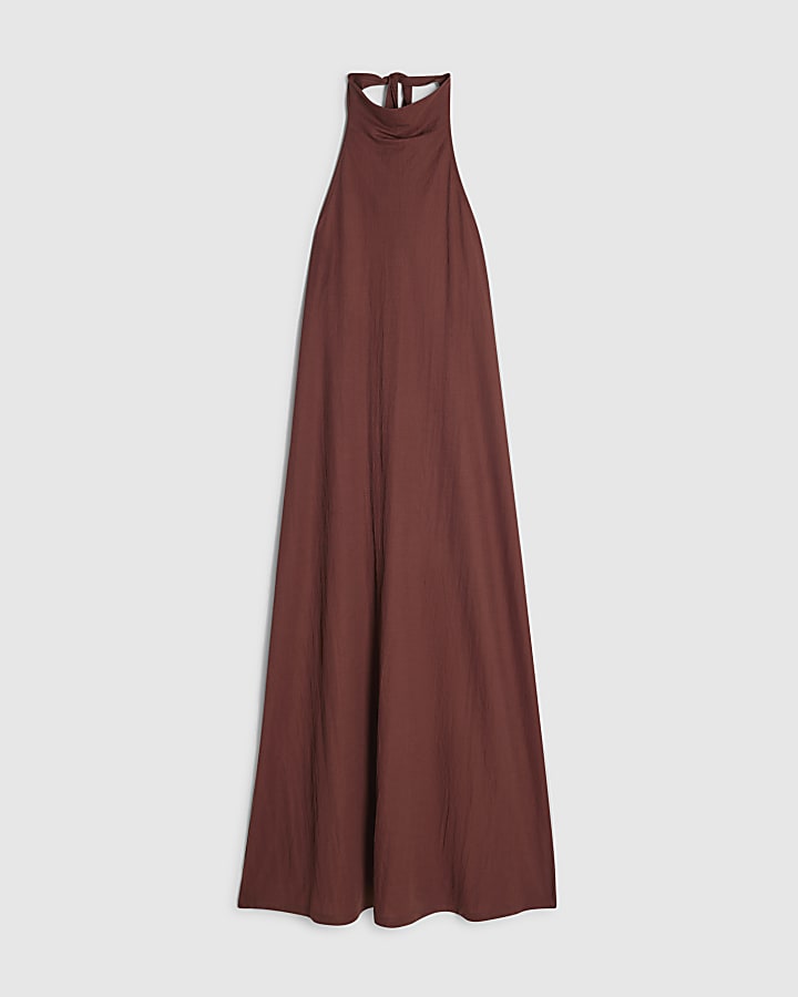 Brown Sleeveless Halter Neck Midi Dress