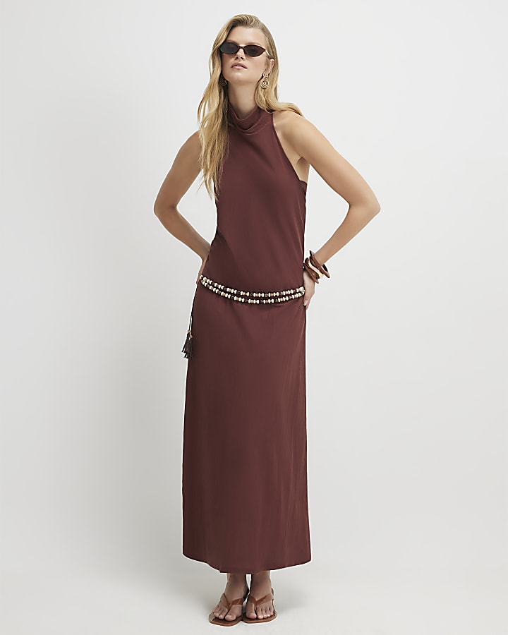 Brown Sleeveless Halter Neck Midi Dress