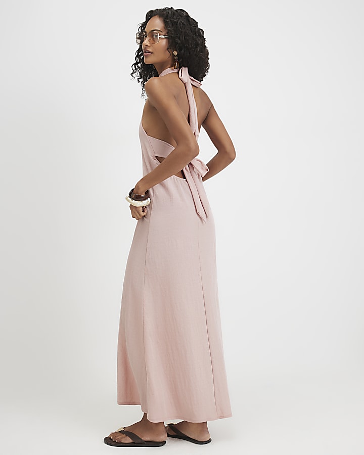 Pink Halter Neck Midi Dress