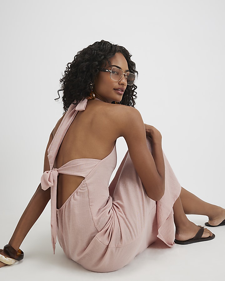 Pink Halter Neck Midi Dress