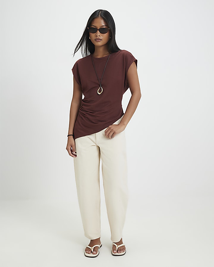 Petite Brown Short Sleeve Asymmetric Hem Top