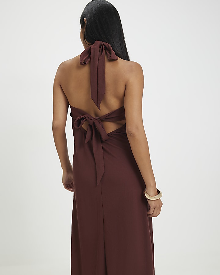 Petite Brown Halter Neck Midi Dress