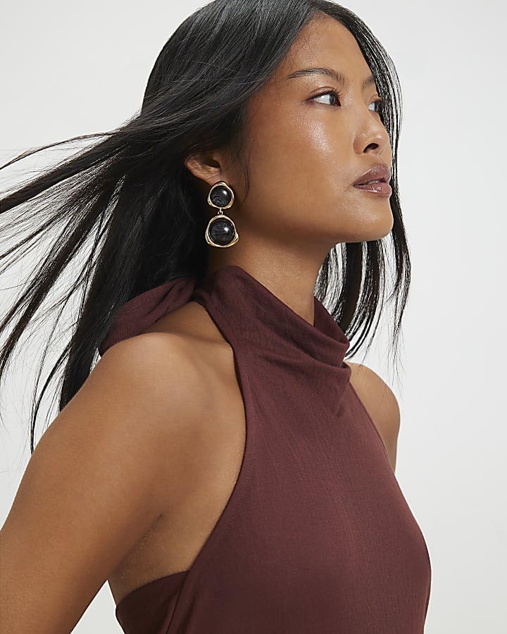 Petite Brown Halter Neck Midi Dress