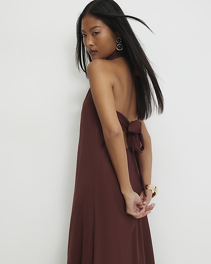 Petite Brown Halter Neck Midi Dress