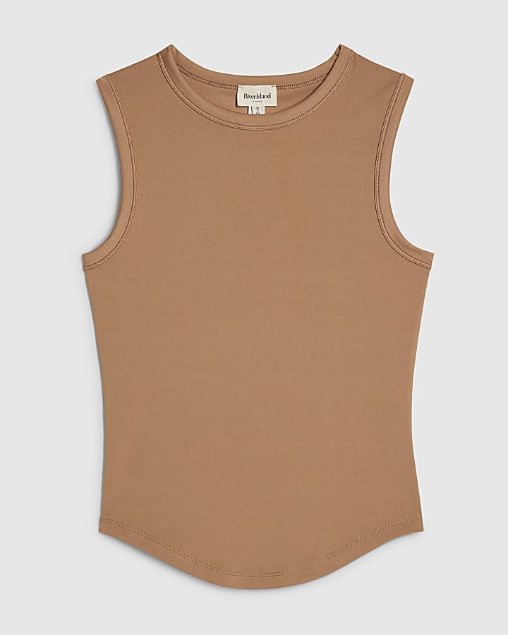 Beige Curved hem Sleeveless Tank Top