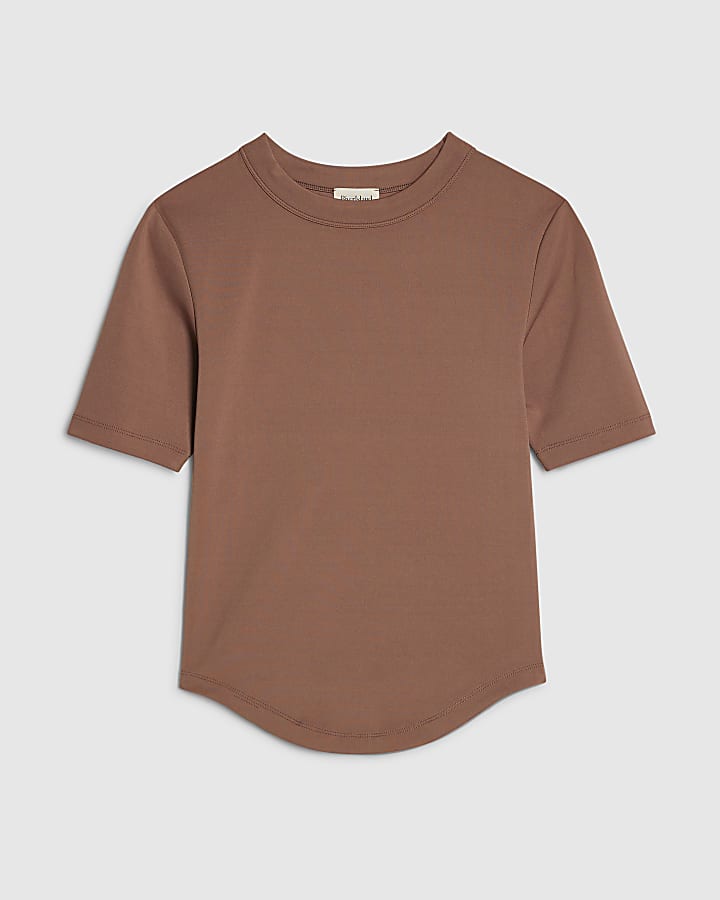 Brown Curved hem Short Sleeve T-shirt