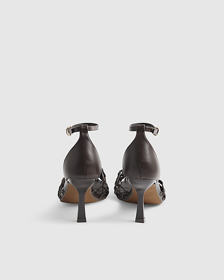 Brown Woven Square Toe Court Heels