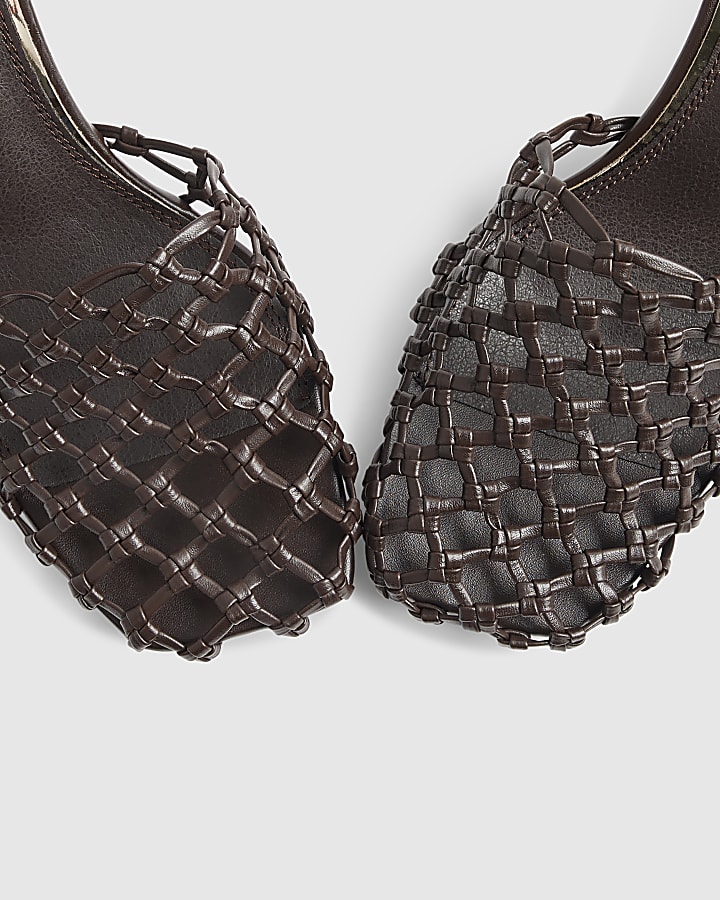 Brown Woven Square Toe Court Heels