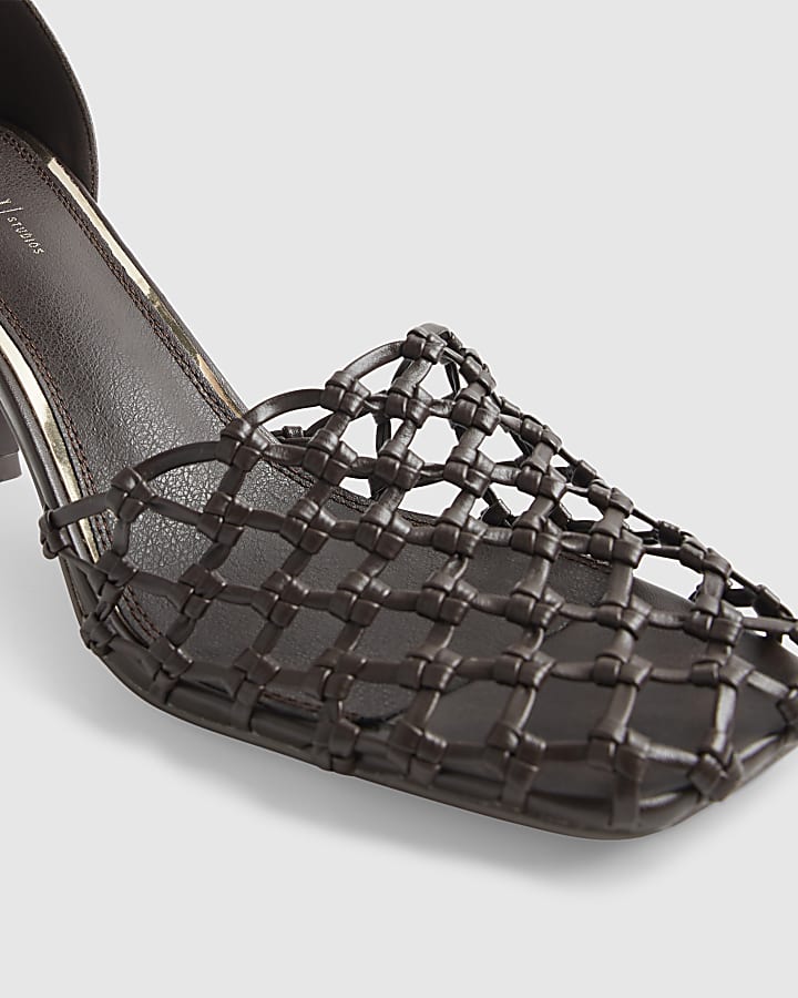 Brown Woven Square Toe Court Heels