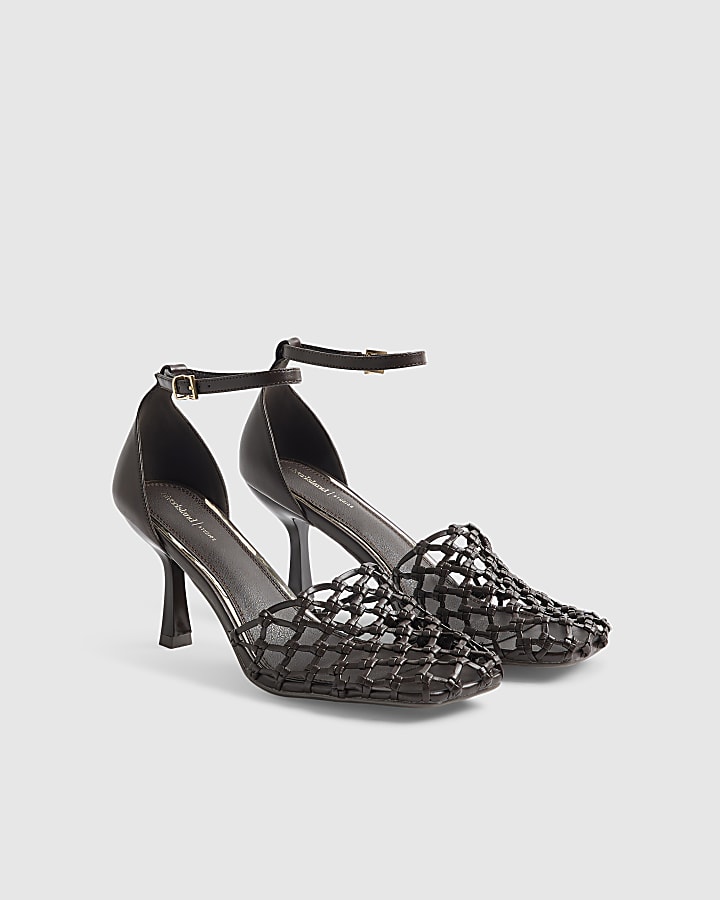 Brown Woven Square Toe Court Heels
