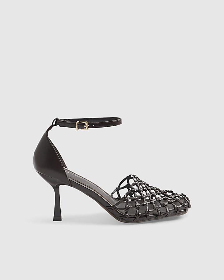 Brown Woven Square Toe Court Heels