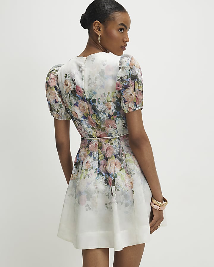 White Floral 3D Flower Mini Dress