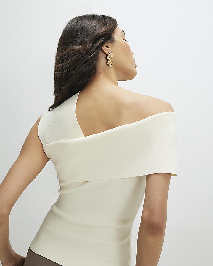 Cream Knitted One Shoulder Bardot Top