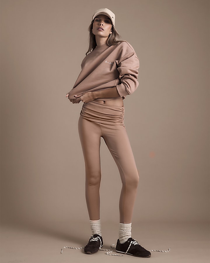 Beige Ruched Waistband Leggings