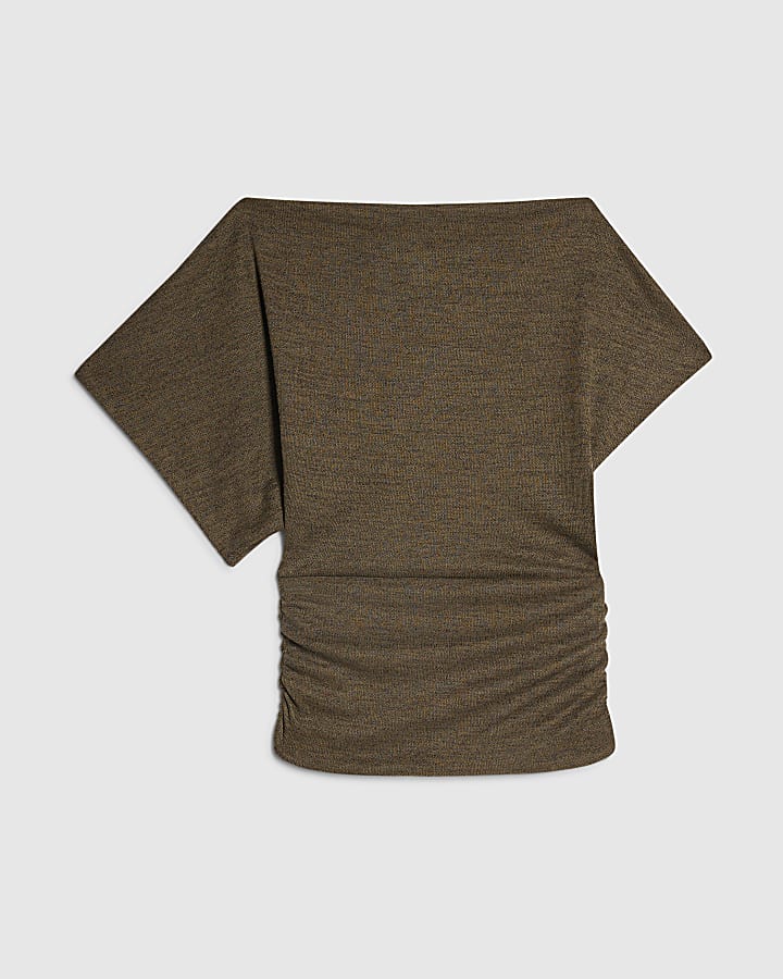 Khaki Short Sleeve Ruched Hem Drape Top