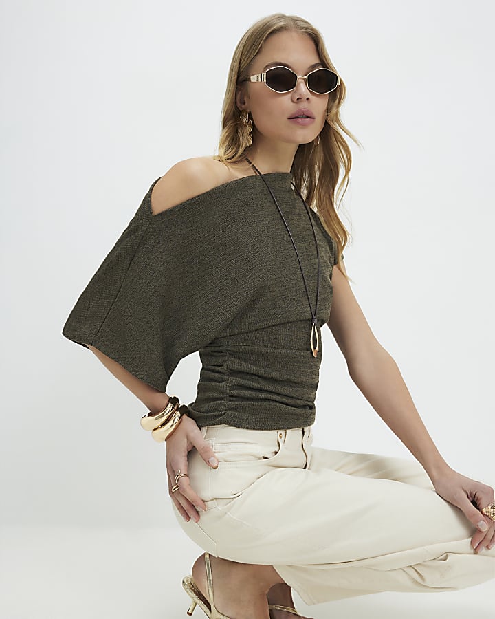 Khaki Short Sleeve Ruched Hem Drape Top