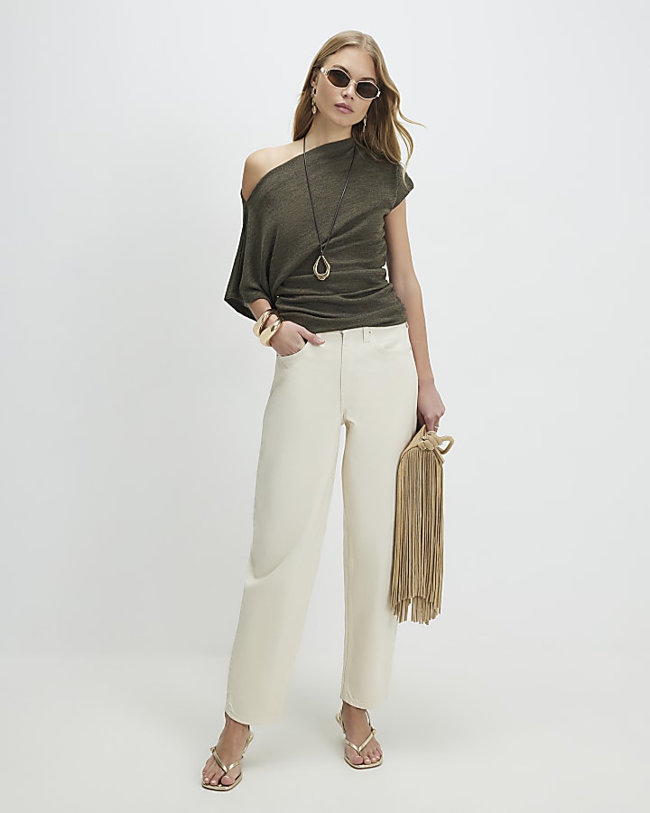 Khaki Short Sleeve Ruched Hem Drape Top