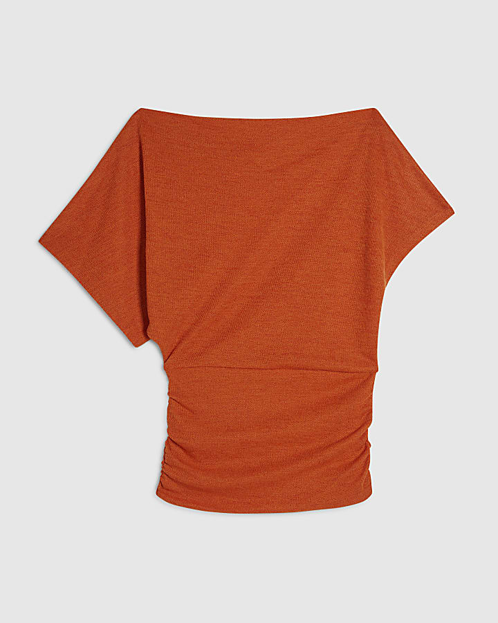 Orange Short Sleeve Fitted Hem Drape Top
