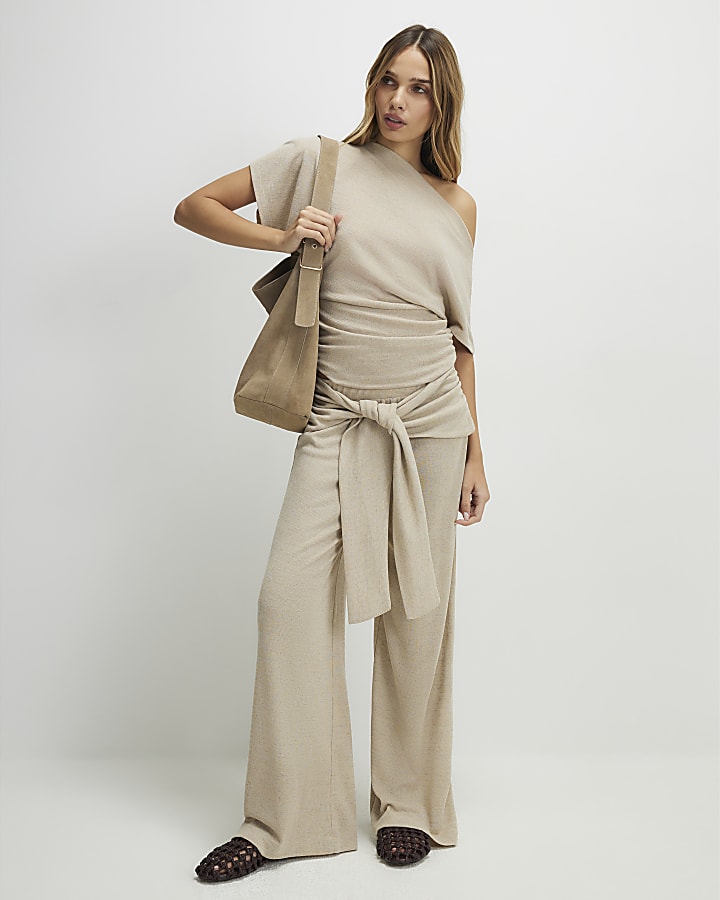 Beige Banded Hem Drape Top