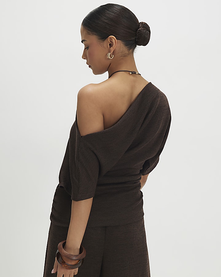 Petite Brown Banded Hem Drape Top