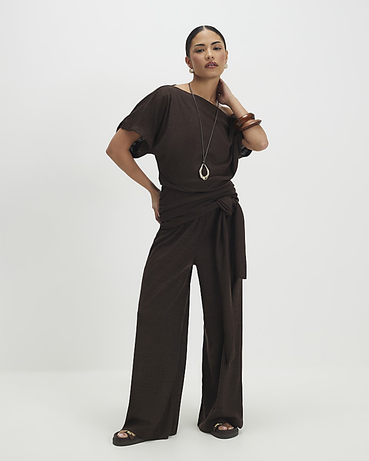 Petite Brown Banded Hem Drape Top