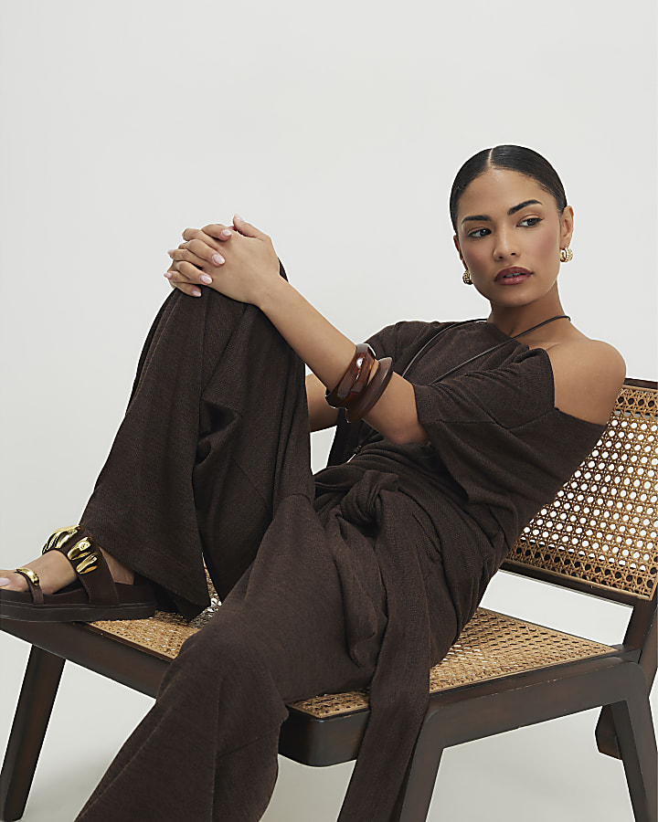 Petite Brown Banded Hem Drape Top