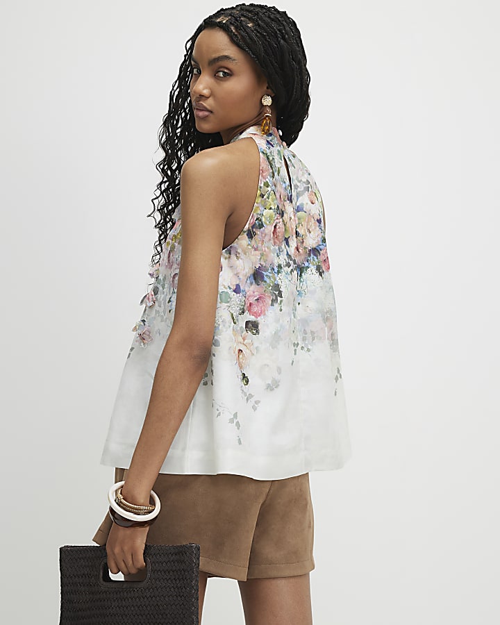 White 3D Floral Sleeveless Blouse