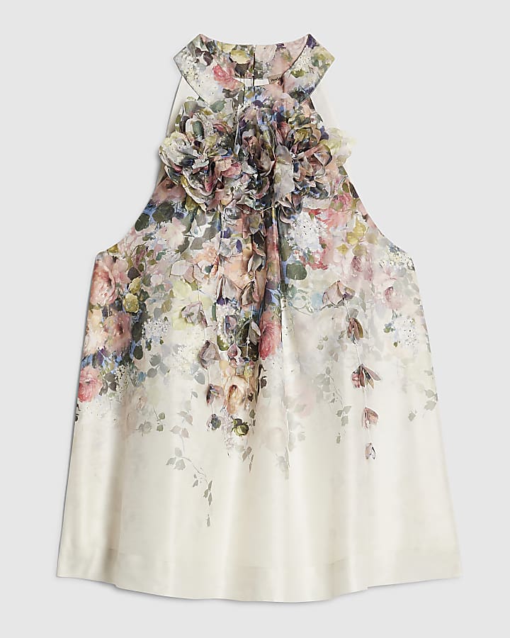 White 3D Floral Sleeveless Blouse