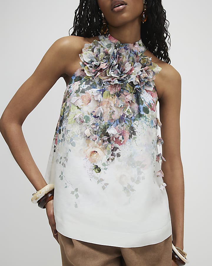 White 3D Floral Sleeveless Blouse
