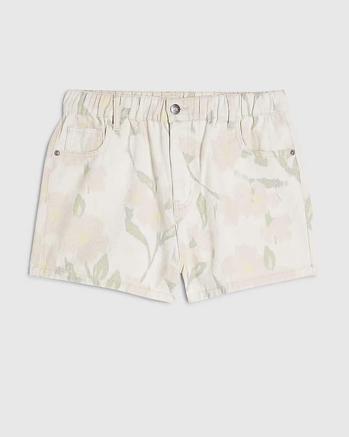 White Floral Print Elasticated A Line Shorts