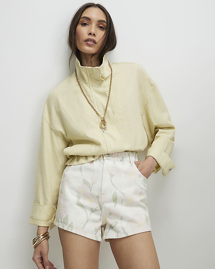 White Floral Print Elasticated A Line Shorts