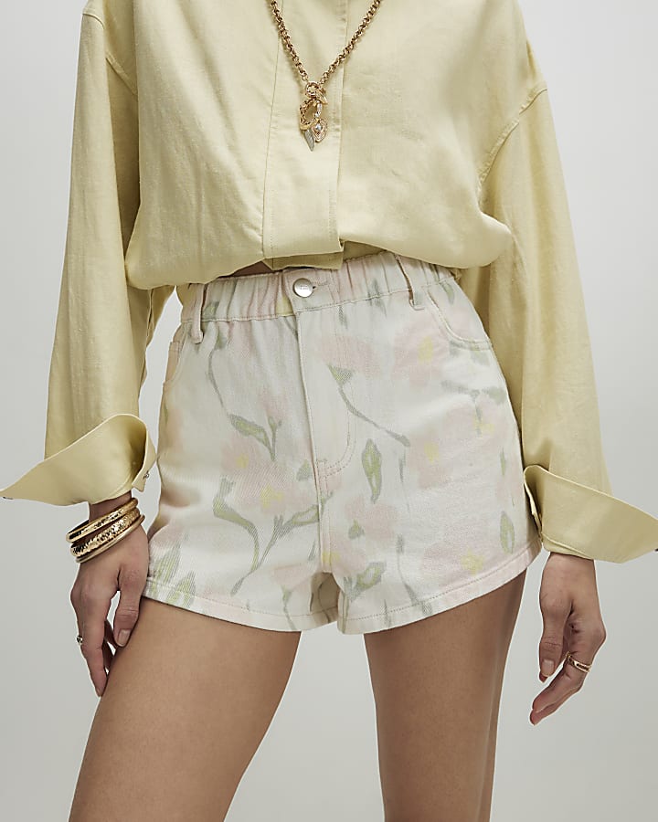 White Floral Print Elasticated A Line Shorts