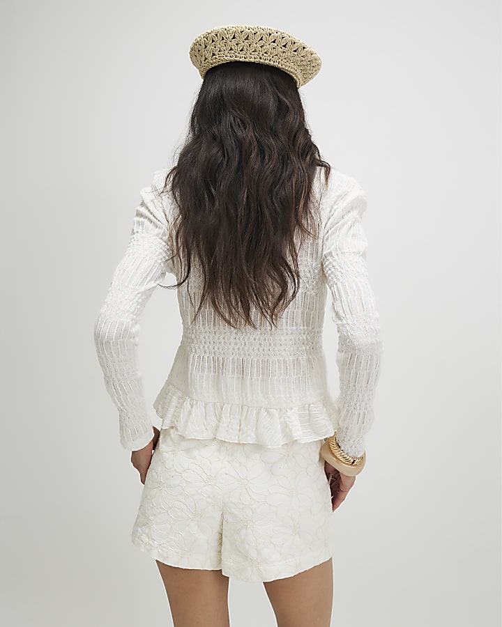 Cream Denim Embroidered Tailored Shorts