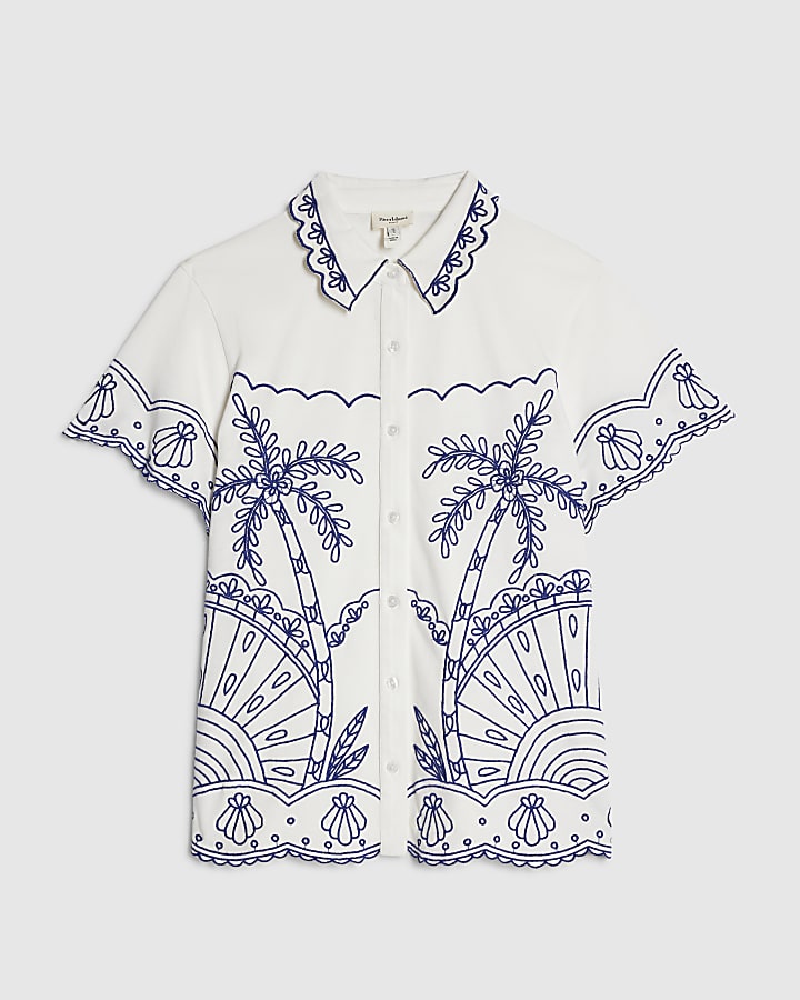 White Cotton Cutwork Palm Scallop Shirt