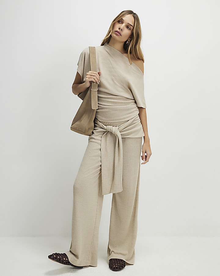 Beige Tie Waist Trousers