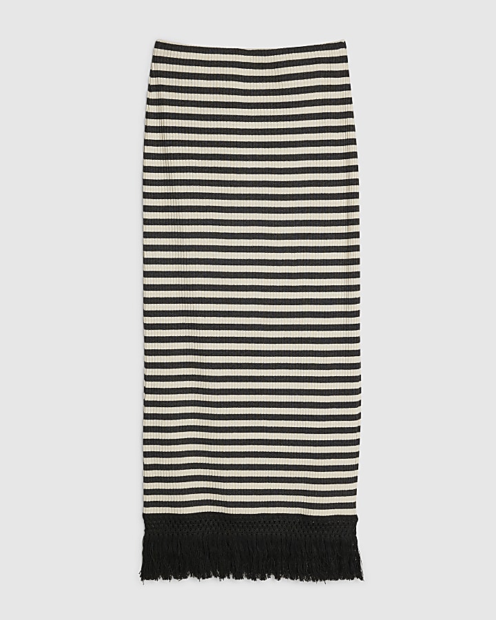 Cream Fringed Hem Stripe Midi Skirt