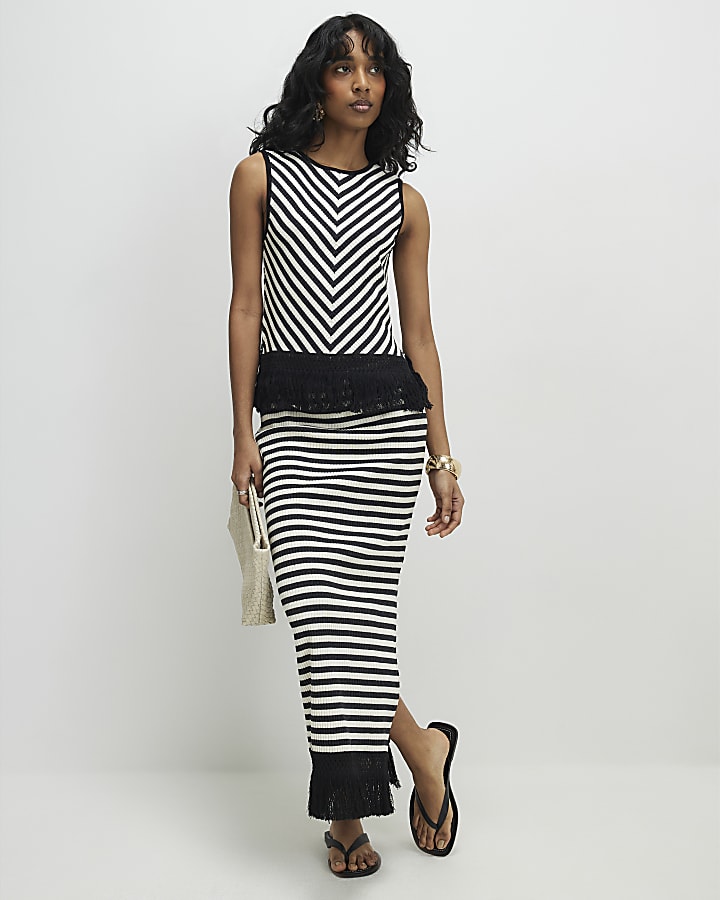 Cream Fringed Hem Stripe Midi Skirt