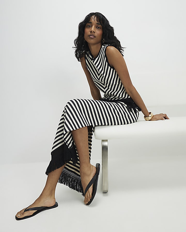 Cream Fringed Hem Stripe Midi Skirt