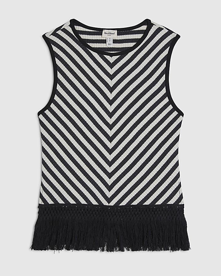 Cream Fringed Stripe Tank Top
