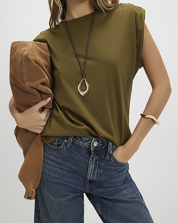 Khaki Short Sleeve Ruched Shoulder T-shirt