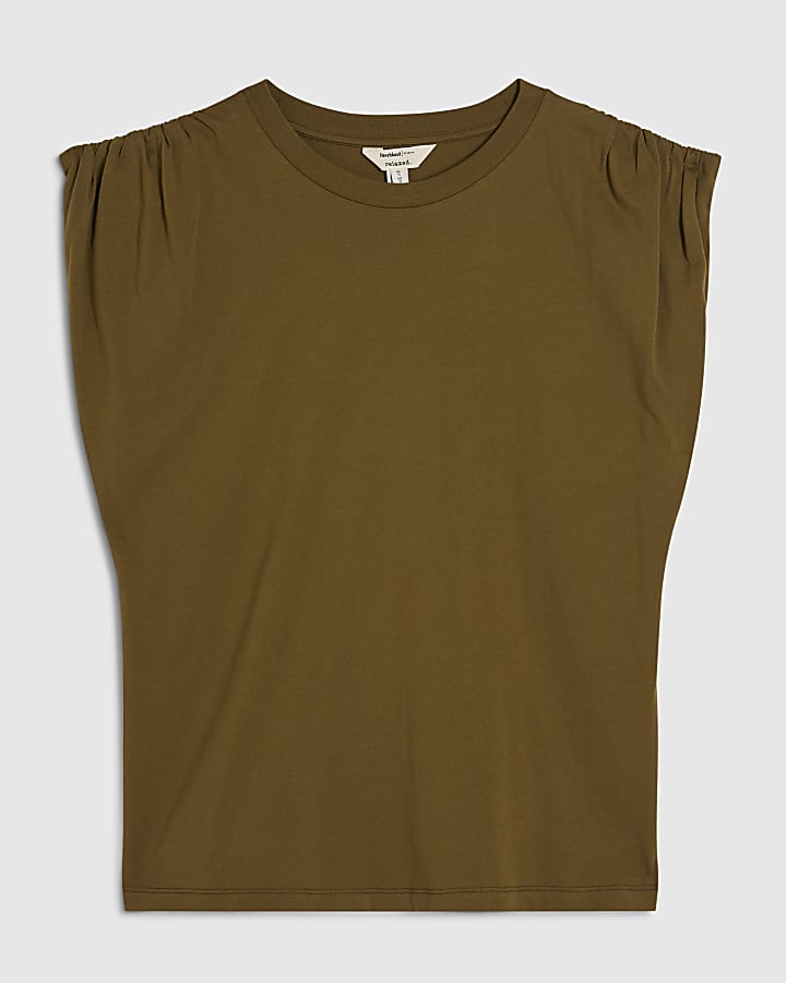 Khaki Premium Ruched Shoulder T-shirt