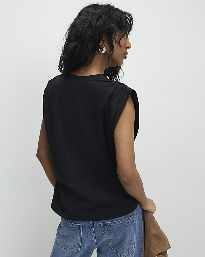 Black Short Sleeve Ruched Shoulder T-shirt