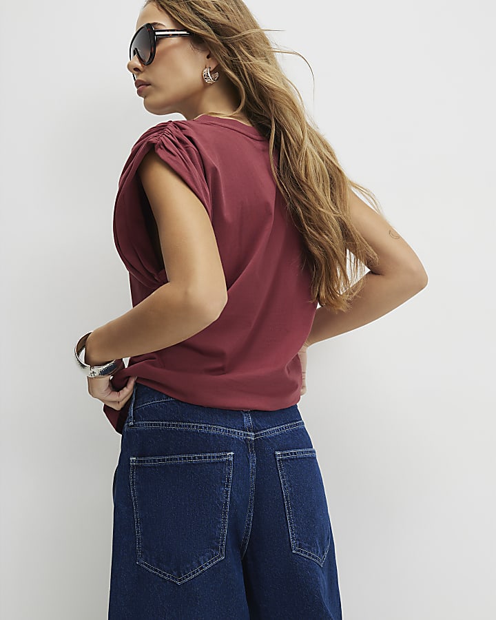 Red Short Sleeve Ruched Shoulder T-shirt